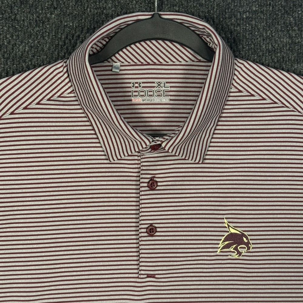 Under Armour Texas State Bobcats Polo Shirt Mens XL Maroon Striped HeatGear